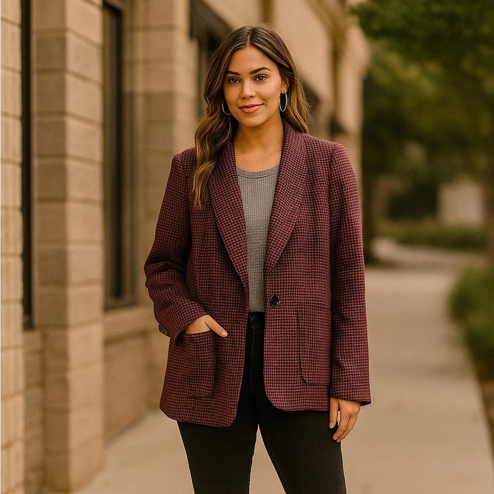 Current Air Maroon and Black Houndstooth Patterned Blazer